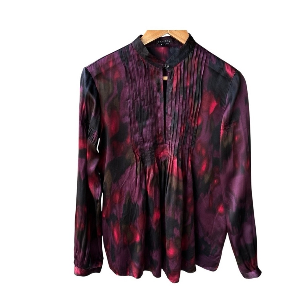 Theory Vague Silk Blouse Top Plum Magenta Abstract Floral Pintuck Keyhole Medium